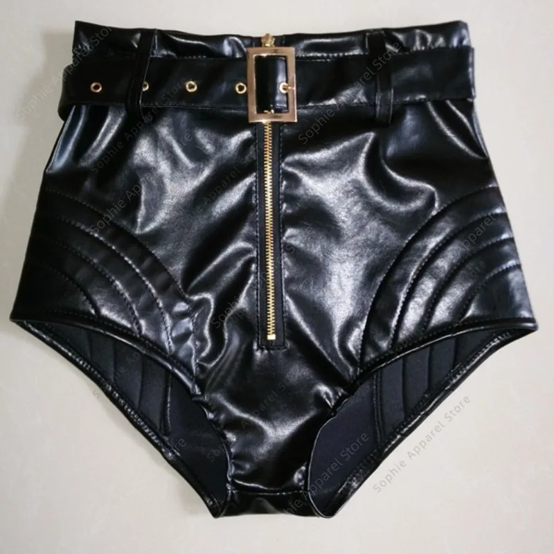 Sexy schwarze Kunstleder-Clubwear-Shorts mit hoher Taille für Damen, Rave-Tanz-Hotpants, elastisches PU-Festival-Bühnenkostüm DS