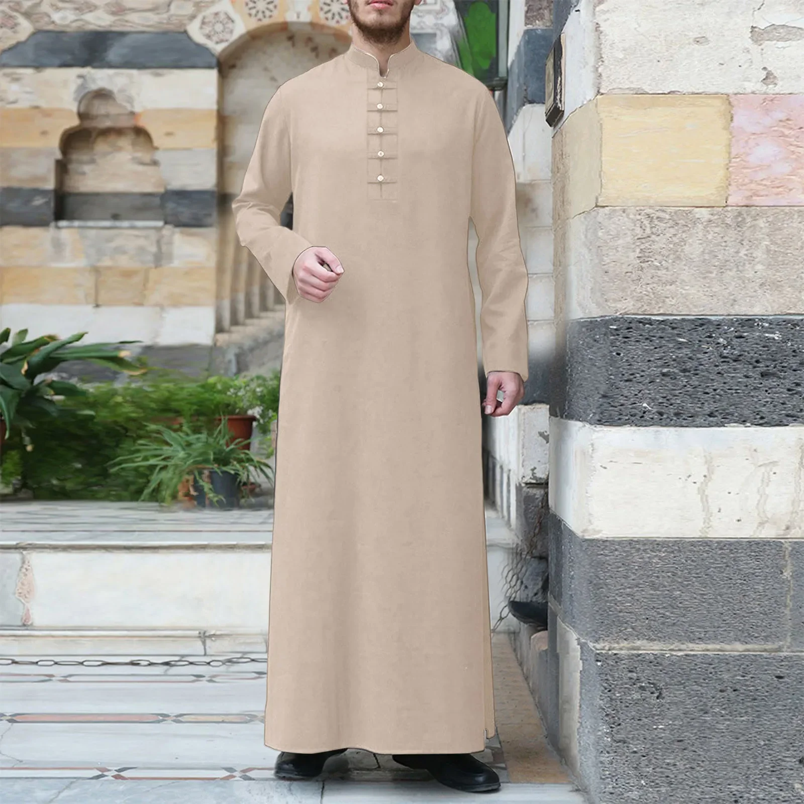 Men's Solid Colour Muslim Robe Simple Fashion Standing Collar Button Islamic Robe Large Size Long Sleeve Arabian Muslim Robe