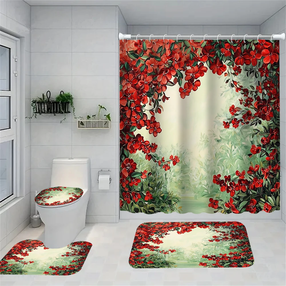 4-piece set of floral dock patterned bathroom curtains, including shower curtains, bath mats, and U-shaped floor mats
