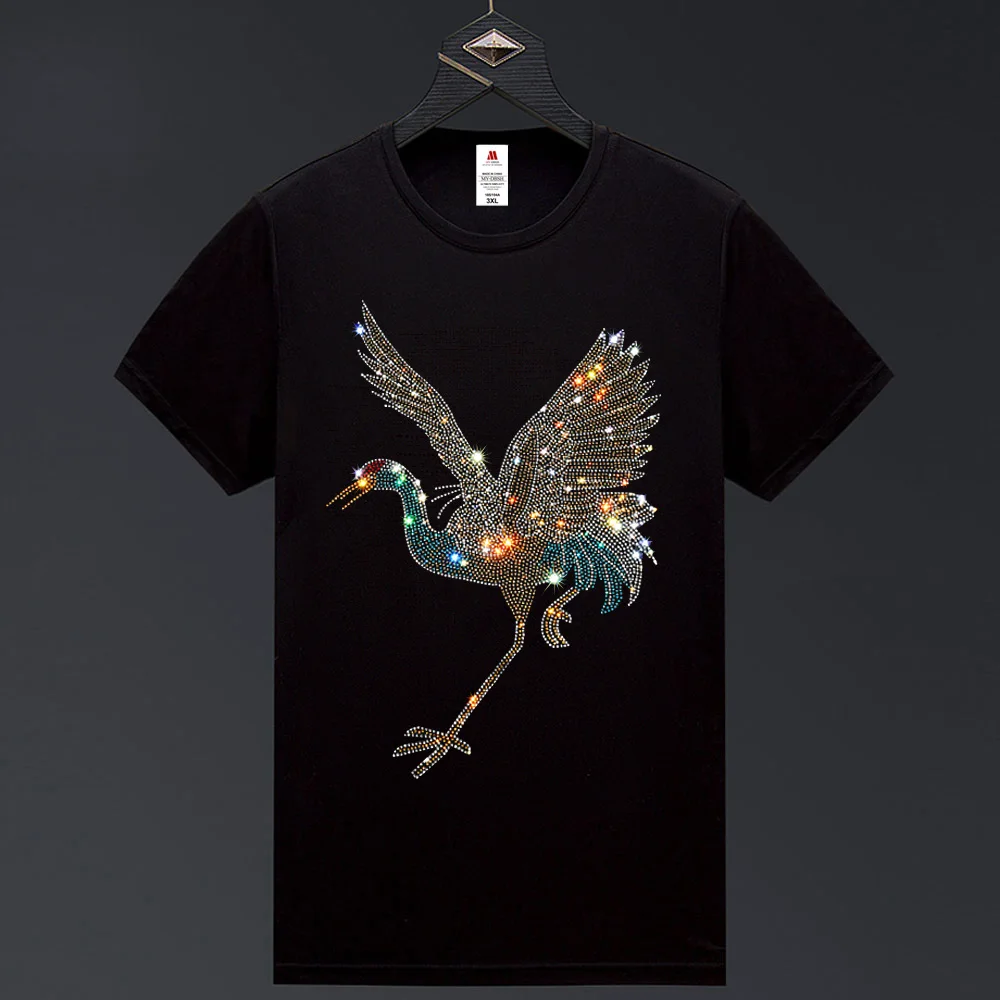 2024 High Quality Red-Crowned Crane Rhinestones Men\'s Short Sleeve T shirts Cotton S-5XL Flying Birds Print O Neck Tees