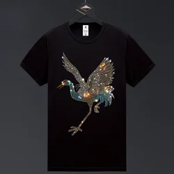 2024 High Quality Red-Crowned Crane Rhinestones Men's Short Sleeve T shirts Cotton S-5XL Flying Birds Print O Neck Tees