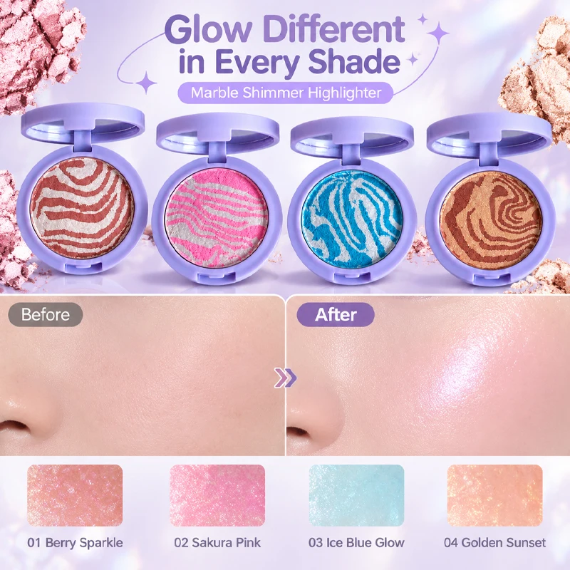 kakashow Marble Baked Highlighter Powder Soft Glow Shimmer Face Illuminator Long Lasting Silky Highlight Makeup for Cheeks Nose