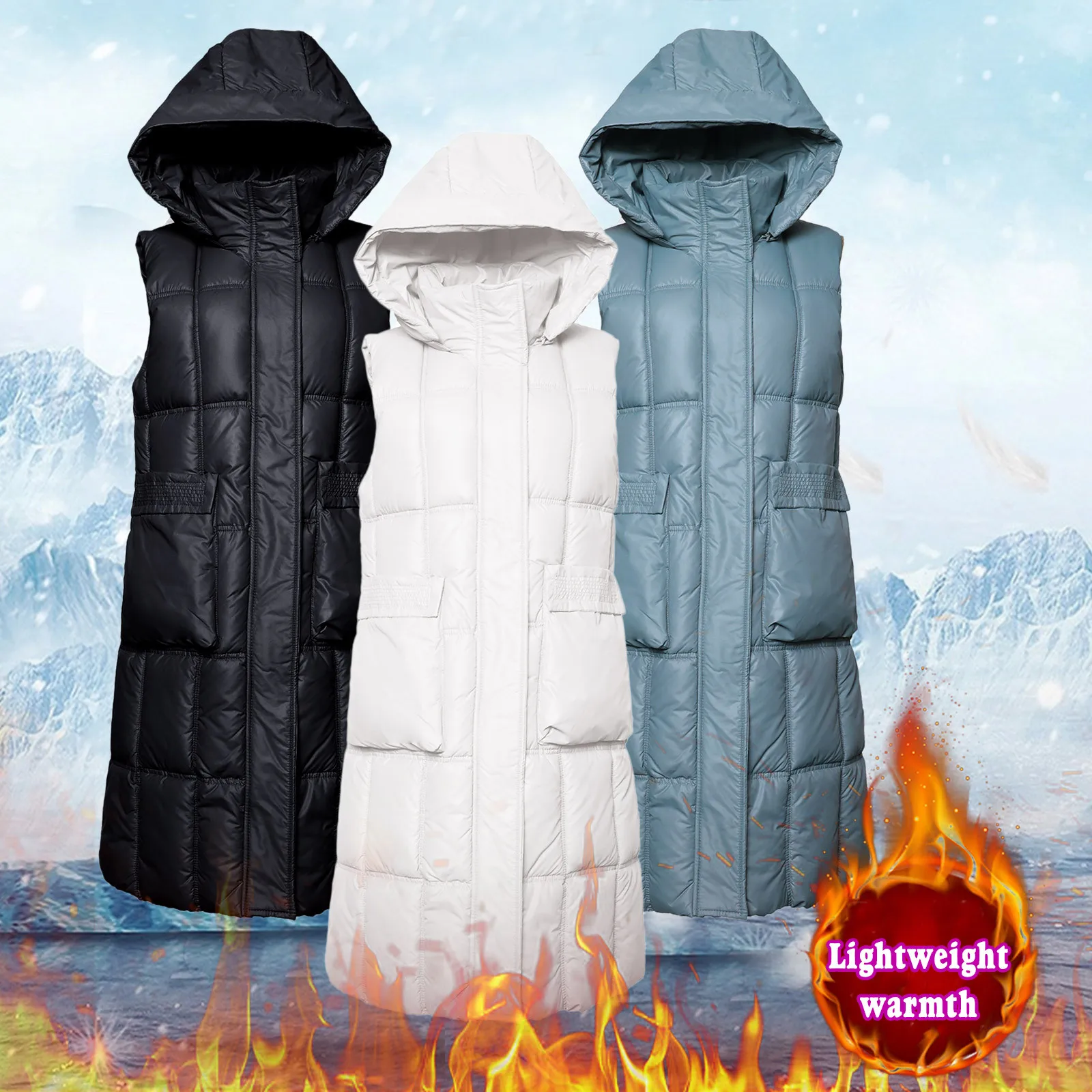 Women Down Vest Winter Down Coat Long Puffer Jacket Winter Hooded Sleeveless Warm Padding Parkas White Black Blue Snow Outwear