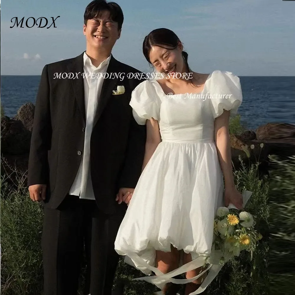 

MODX Simple Short Wedding Dresses Korea Photo shoot Square Collar Taffeta Pleat Back Lace up Bridal Gowns Formal Party Dress