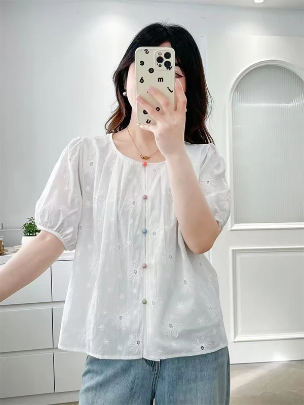 Coreano Sle rotondo Ne Ricamato irt Donna Estate Bubble Sve Anti-età Unico Piccolo Qualify Top Miscela di cotone ort S...