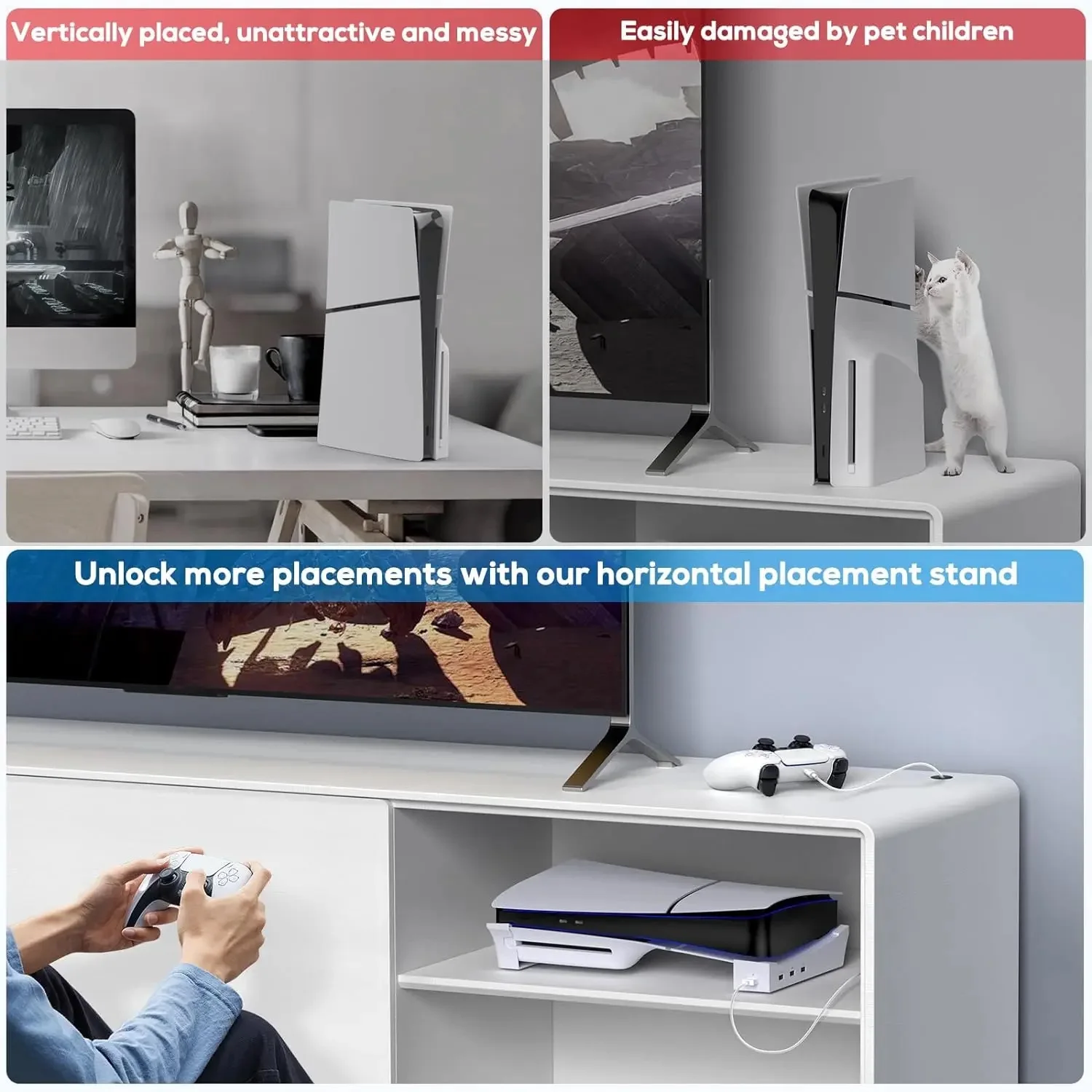 حامل أفقي IPEGA لوحدة التحكم PS5 النحيفة مع قاعدة محور USB ذات 4 منافذ لقرص PS5 النحيف وحامل قاعدة وحدة التحكم في الألعاب الرقمية