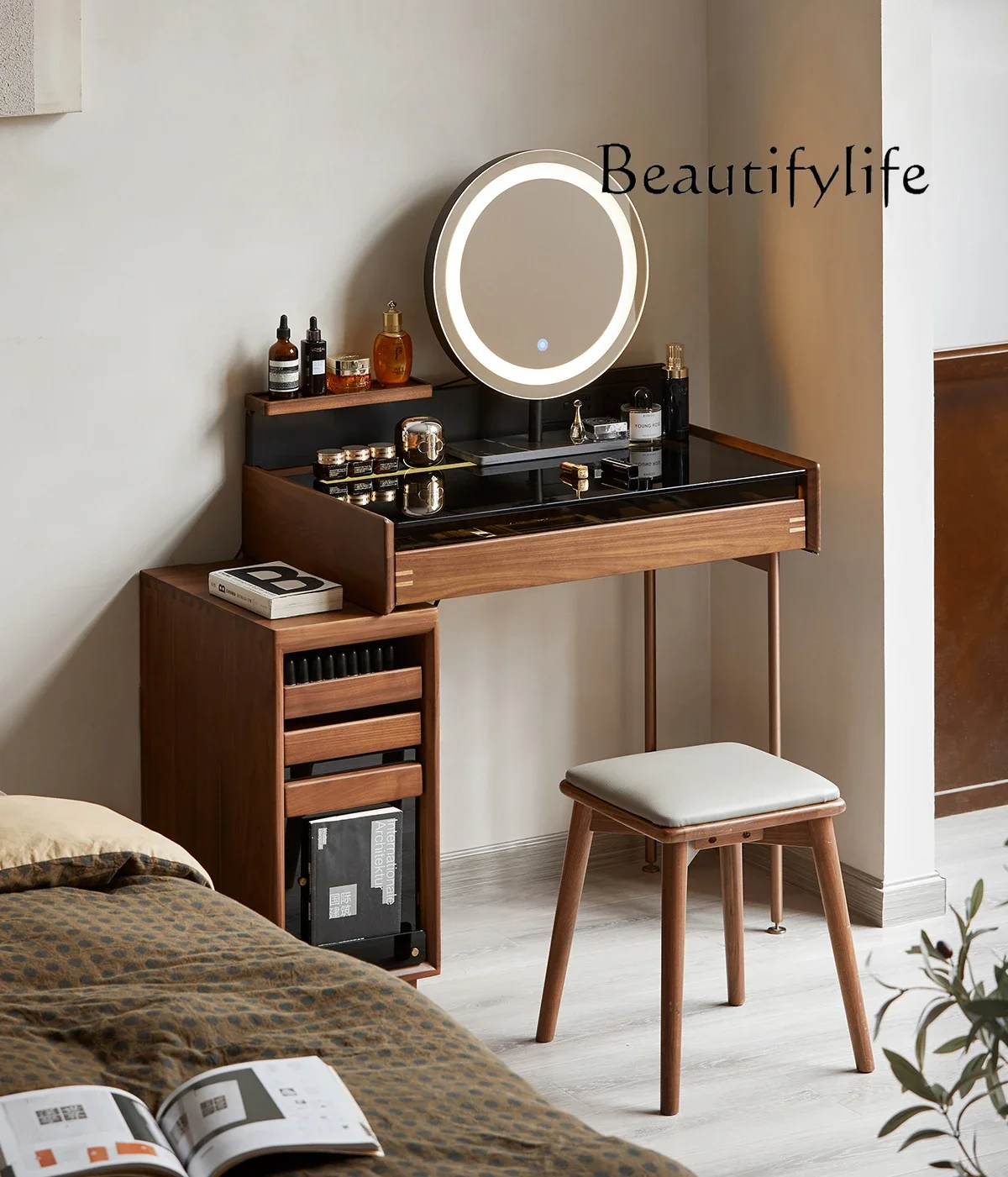 

Solid Wood Dressing Table Storage Cabinet Integrated Bedroom Bedside Small Apartment Black Walnut Small Makeup Table