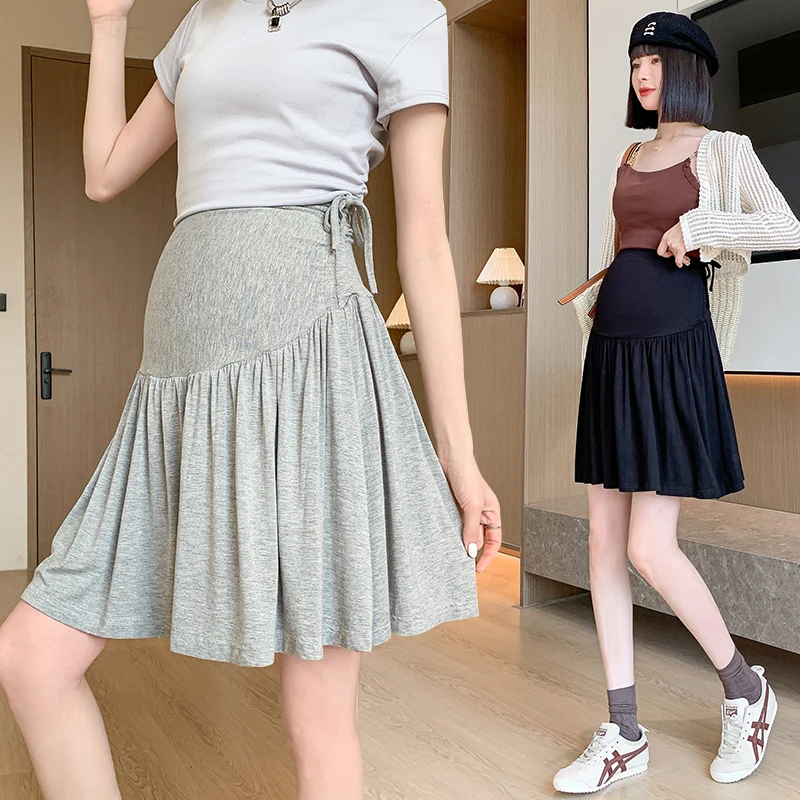 Korean Style Summer Maternity Pleated Skirts High Waist Drawstring Waist Plus Size Pregnant Woman Skorts Belly Skirt with Shorts