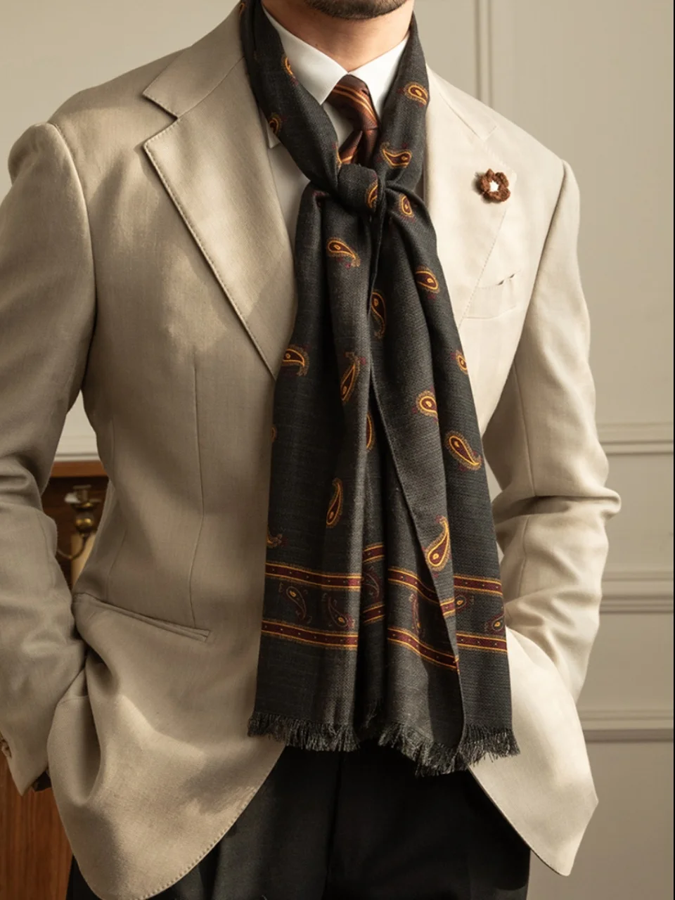 [Wool Fused Mulberry Silk] gentry vintage versatile long scarf men's winter warm scarf