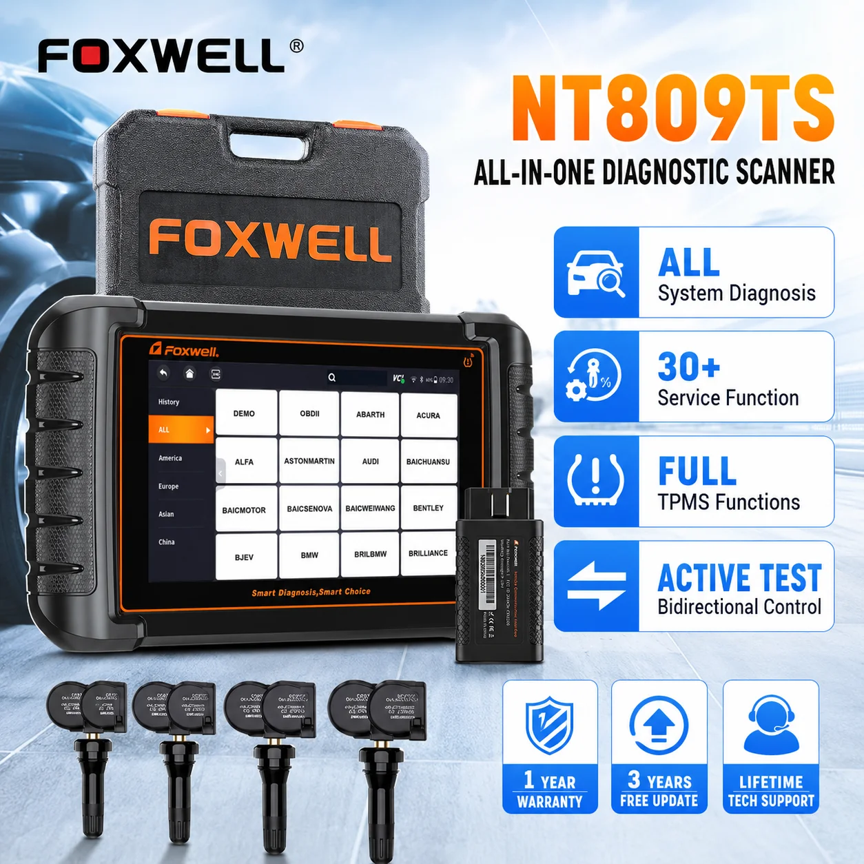 TPMS Programming Relearn Bidirectional OBD2 Scanner FOXWELL NT809TS Full System 30 Plus Resets Auto Car Diagnostic Code Reader