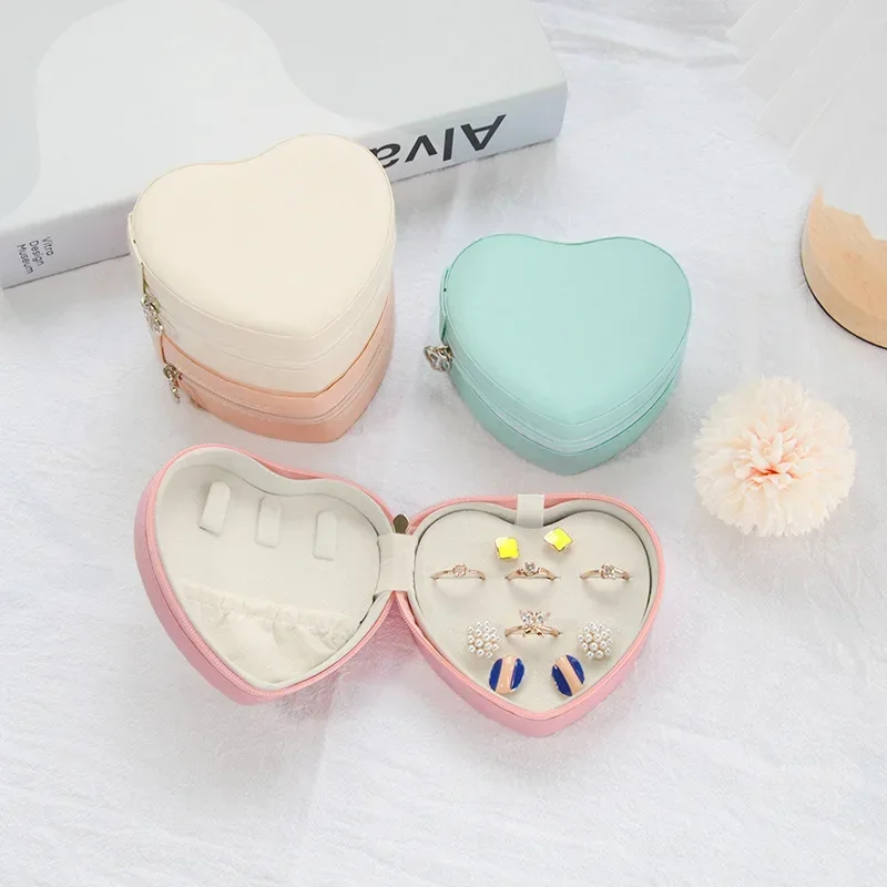 Mini Heart-Shaped Jewelry Box Pu Leather Earrings Ring Storage Box Simple Solid Color Necklace Jewelry Organizer Travel Portable