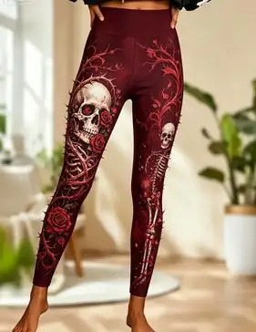 Women Mid‑Rise Fleece Lined Leggings, Halloween Skull Red Rose Flame Print Slim Elastic Party Trousers