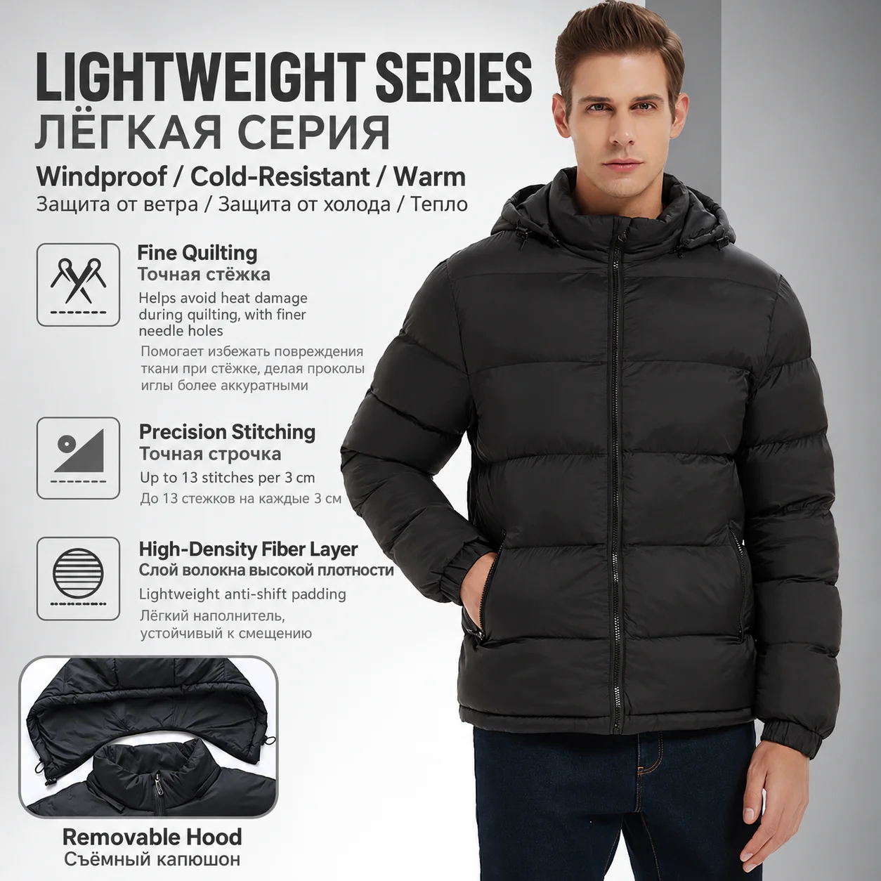 Detachable Hood Quilted Jacket Mens Winter Warm Padded Puffer Coat Lightweight Outdoor Windproof Casual Plus Size Big Jacket