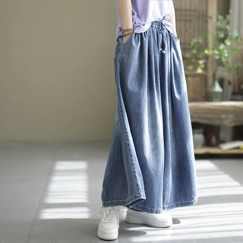 Women's Vintage Denim Pants Spring Autumn Fashion Elastic Waist Solid Color Simple Basic Jeans Female Soft Loose Casual Trousers