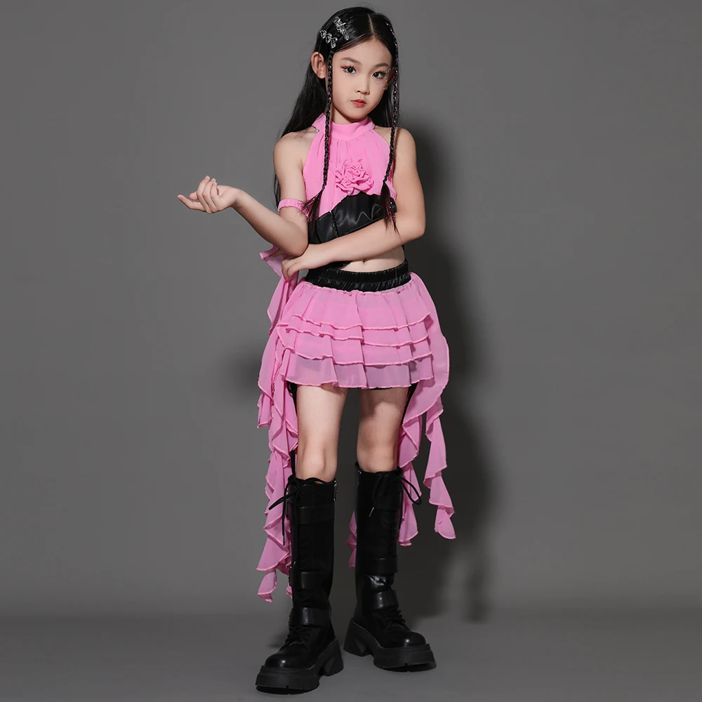 Kinderen Stage Catwalk Outfit Roze Verstoorde Jazzdans Kostuum Meisjes Ballroom Dansvoorstelling Kleding Street Wear XS10495