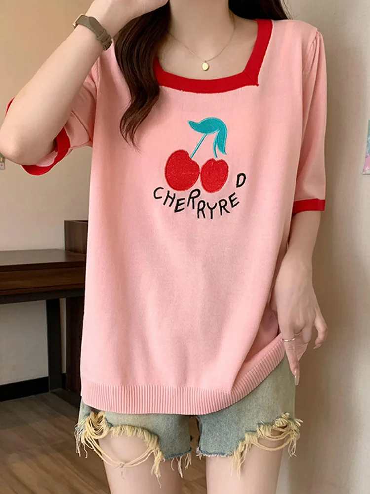 Cherry Jacquard Sweater Women Knit Pullover T-shirts 2024 Summer Short Sleeve Casual Female Tees Tops Fashion Ladies Knitwear