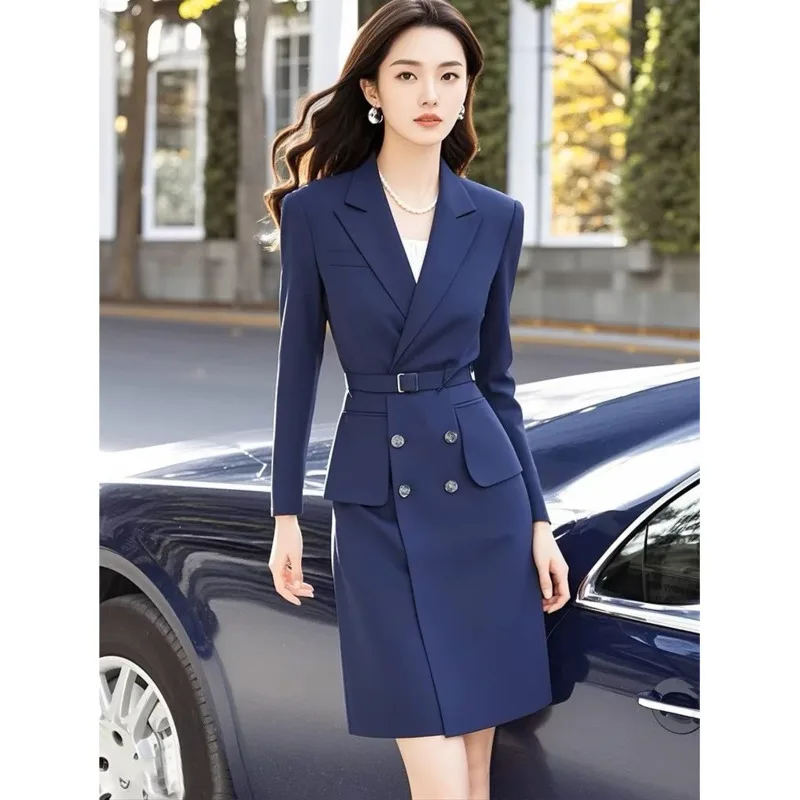 

Синее платье, легкий наряд для ранней осени в зрелом стиле, элитный темперамент, светский костюм, роскошный французский костюм с завязками рукавами