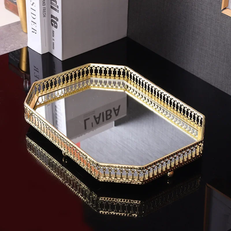 Light Luxury Mirror Metal Tray Cafe Restaurant Home Entrance Storage Tray Sample Pose Decoration Props Trays Decorative