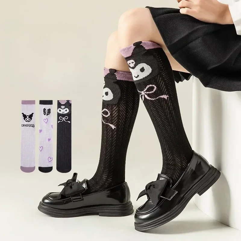 Sanrio Kuromi Girls High Socks Cartoon Anime Characters Mesh Calf-Length Cotton Socks Kawaii Lolita Accessories Free Shipping