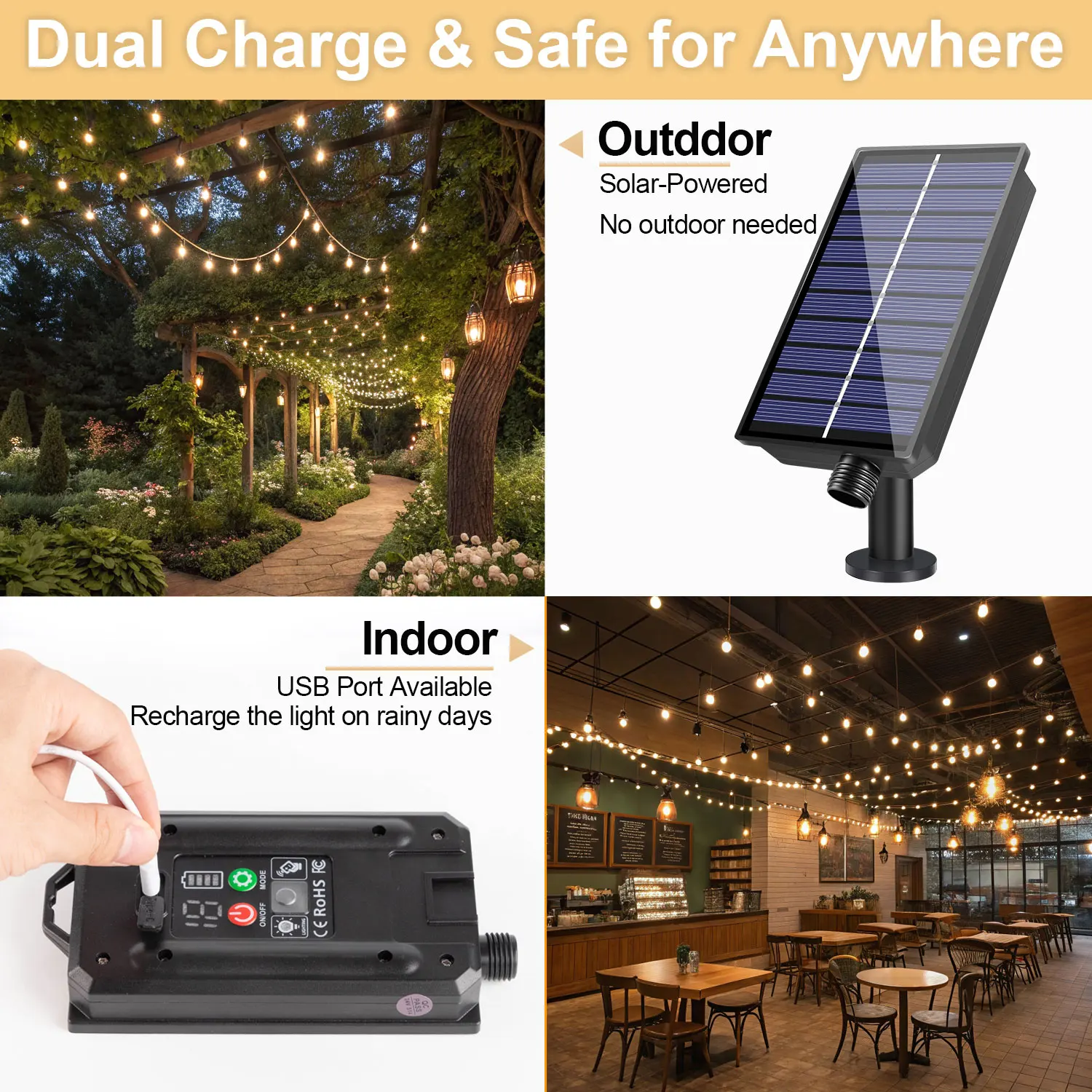 Led G40 Solar String Lights Outdoor Waterproof Garden String Lights USB Rechargeable Solar Light With Remote Decoration Light
