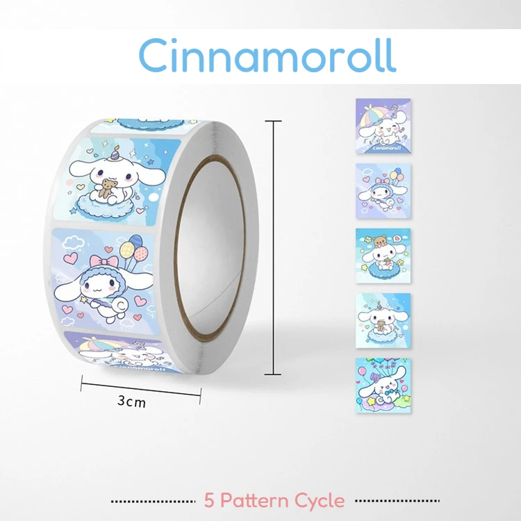 Rotolo di adesivi Sanrio 500 pezzi Cartoon Cute Cinnamoroll Ricompensa per bambini Conto fai da te Materiale Modello ad anello Adesivi sigillanti