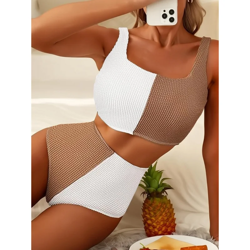 2025Two-piece Bikini Set with Adjustable Straps, Color Block, Unique High WaistbikiniSwimsuit