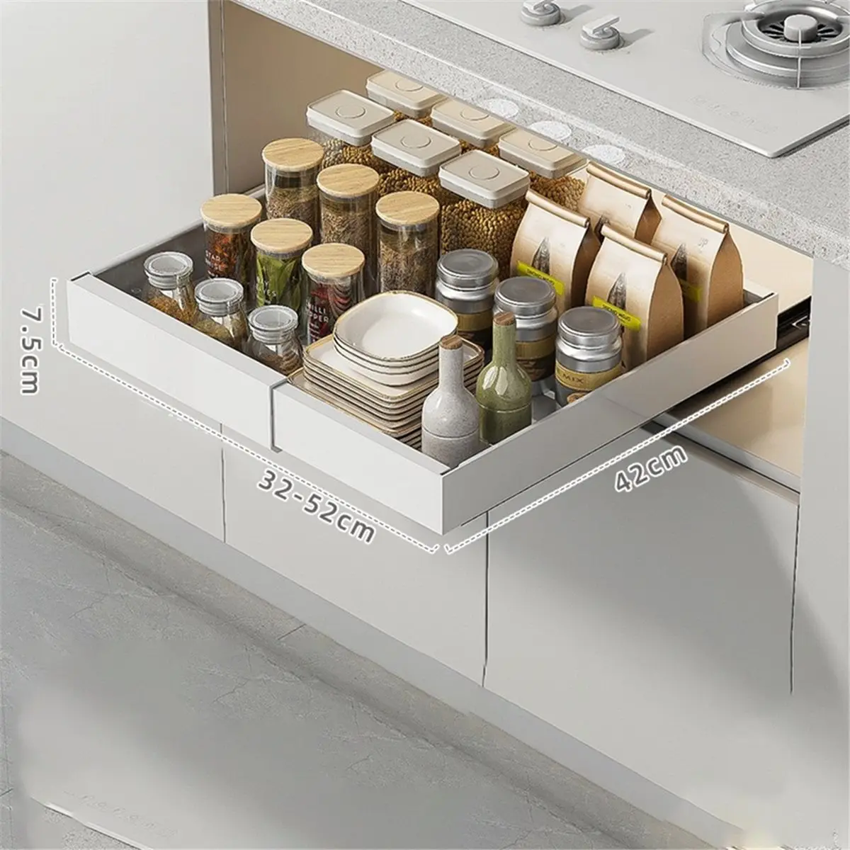 Scalable Pull-Out Kitchen Storage Rack with Slide Rails for Tray Organization