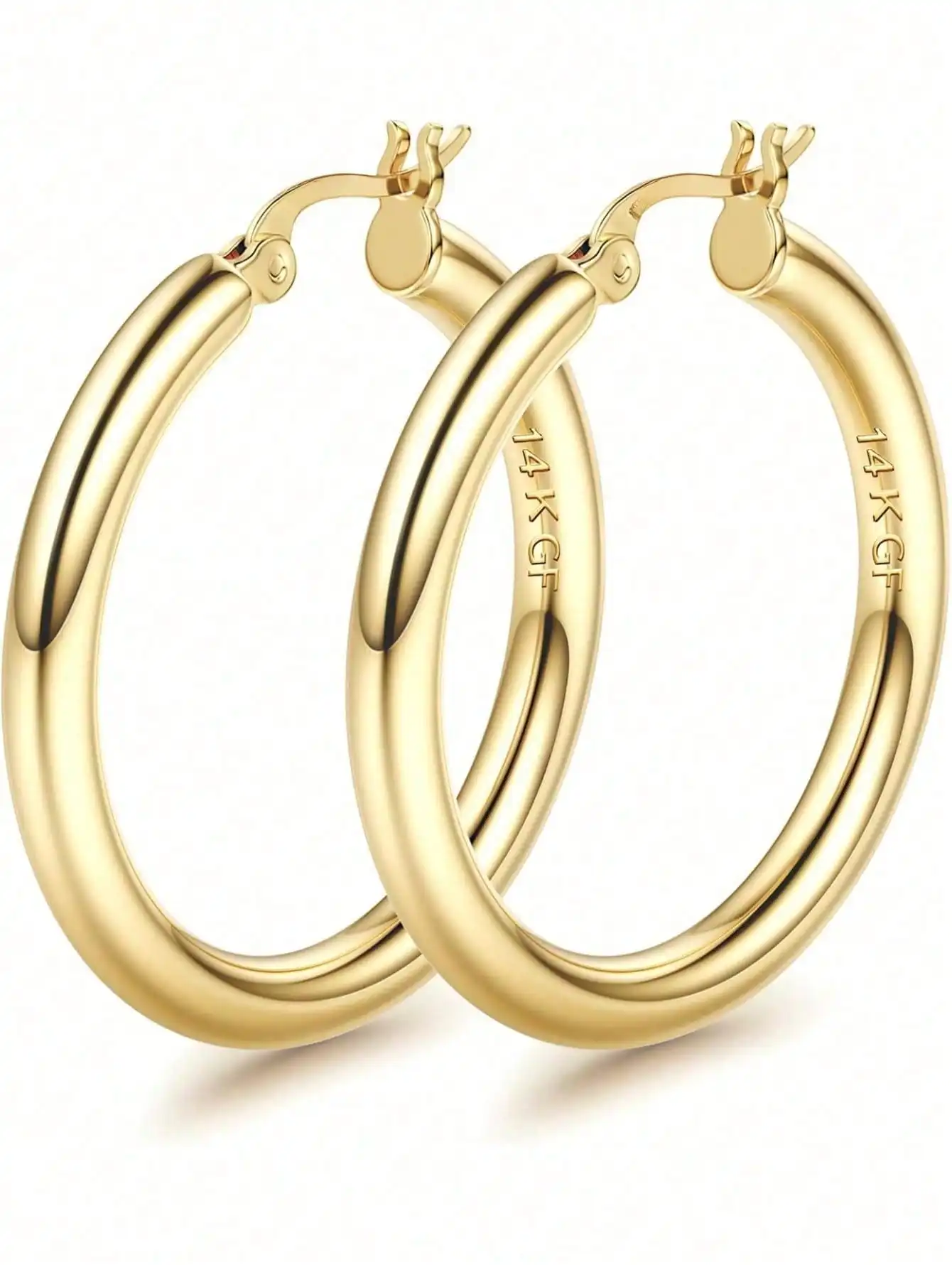 

14K Gold Filled Chunky Hoop Earrings for Women, Lightweight Hypoallergenic 4mm Thick Hoops, 25-70mm Sizes