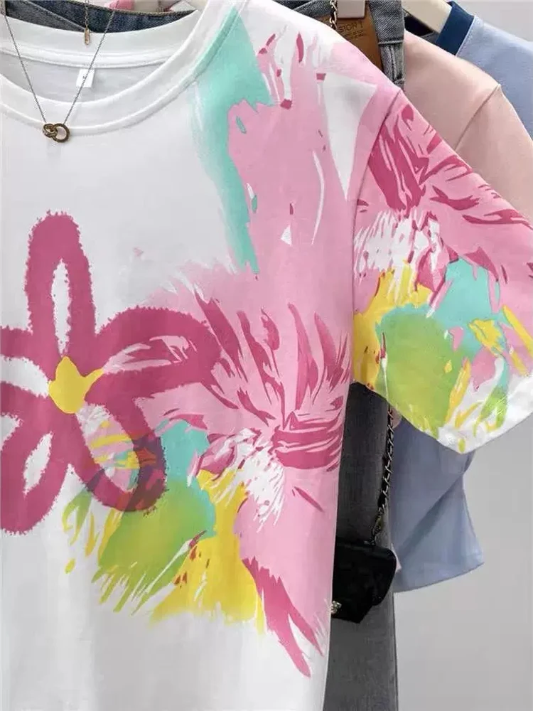 Extra Large 300 Pounds Retro Flower Graffiti Short Sleeve Women's T-Shirt Summer Casual Loose Fashionable Top Korean Style Po...