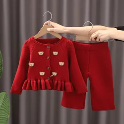 Girls Knitted Clothing Sets Autumn Winter Children Christmas Coats Sweaters Pants 2pcs Party Suit For Baby Costume Kids 6 Years