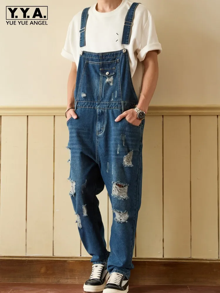 Fashion Mens Hole Ripped Jeans Denim Strap Overalls Multi Pockets Long Cargo Trousers Streetwear New Loose Fit Cowboy Jumpsuit