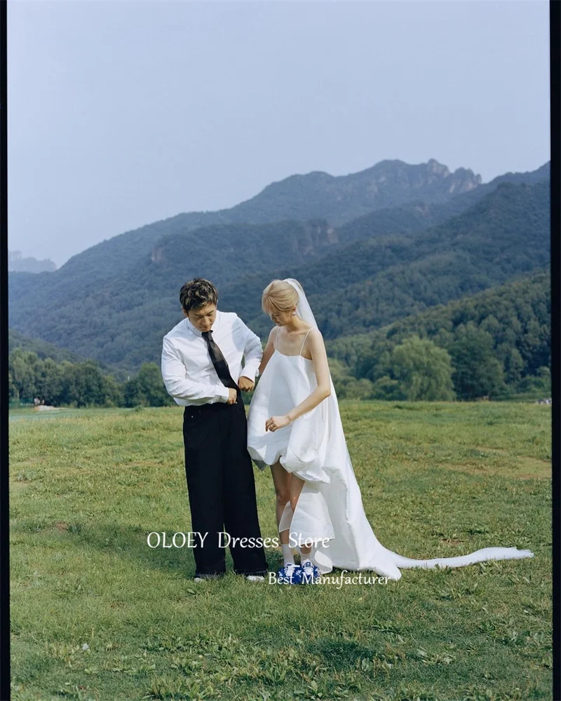 OLOEY السباغيتي الأشرطة قصيرة الجبهة طويلة الظهر فساتين الزفاف كوريا التقطت الصور التفتا شاطئ زي العرائس حفلة رسمية مع الحجاب