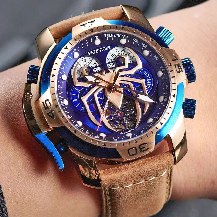 Reef Tiger Men Automatic Watch 46MM Mechanical Wristwatch Luminous Waterproof Sapphire Year Month Week Date Skeleton Spider Dial