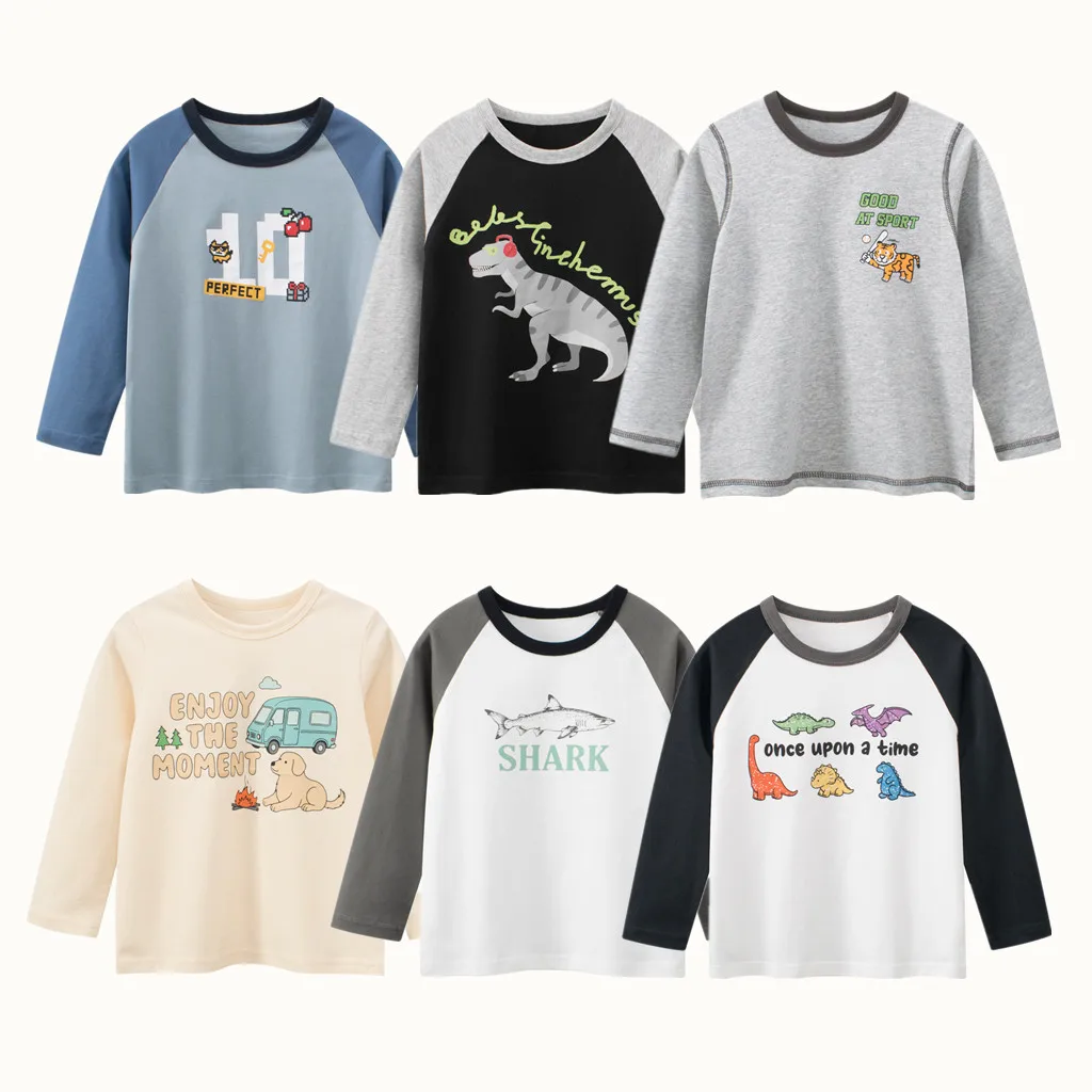 2026 Children's Long Sleeve T-shirts 100% Cotton Clothes Cute Dinosaurs Cartoon Tops Baby Boys Bottoming Shirts Kids Undershirts