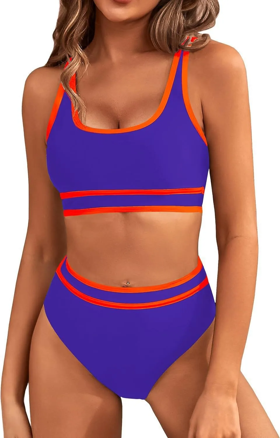 Women\'s High Waisted Bikini Sets 2024 New Sporty Two Piece Swimsuits Color Block Cheeky High Cut Bathing Suits Summer Biquini