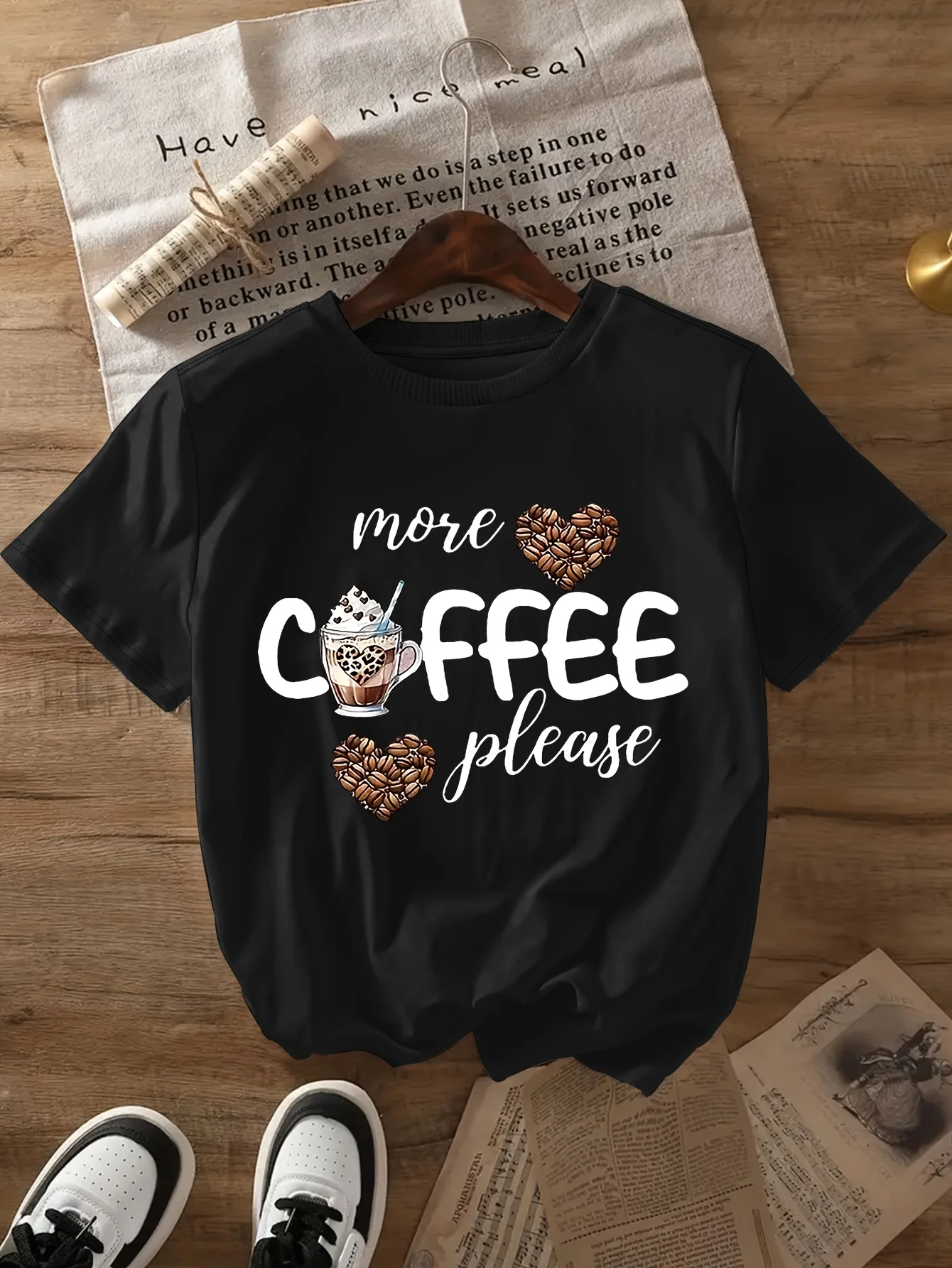 Womens CasualMore Coffee PleaseHeart Coffee Bean Print Harajuku Short Sleeve Casual Clothing Street Tees Aesthetic Clothes