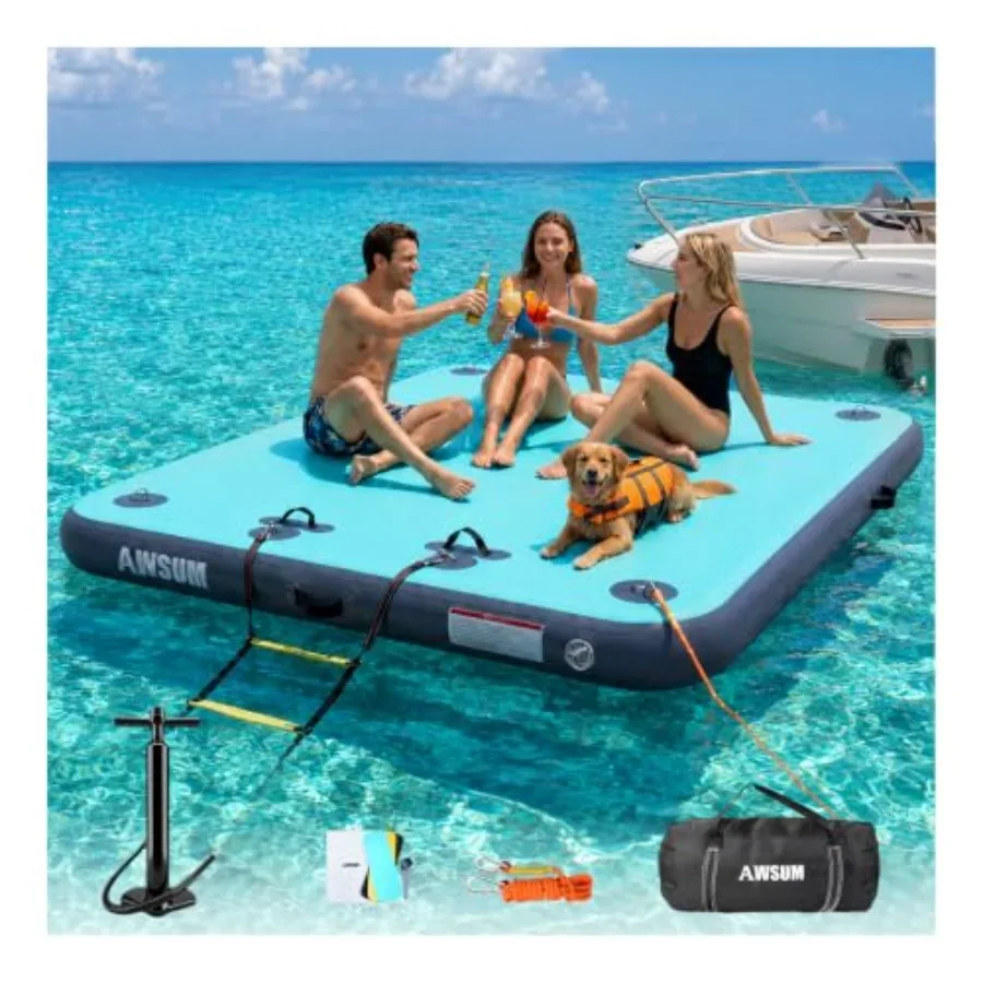 Inflatable Floating Dock For Lake Pool Beach Ocean Use, PVC Material, Blue, Non-Slip Surface And High Load Capacity Up To 900 L