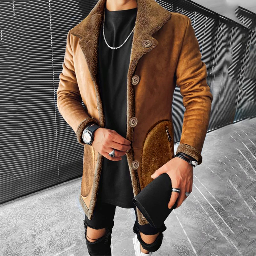 Mens Handsome Long Jacket That Shows Your Figure Composite Imitation Leather Thickened  Jacket Retro Velvet Comfortable Coat