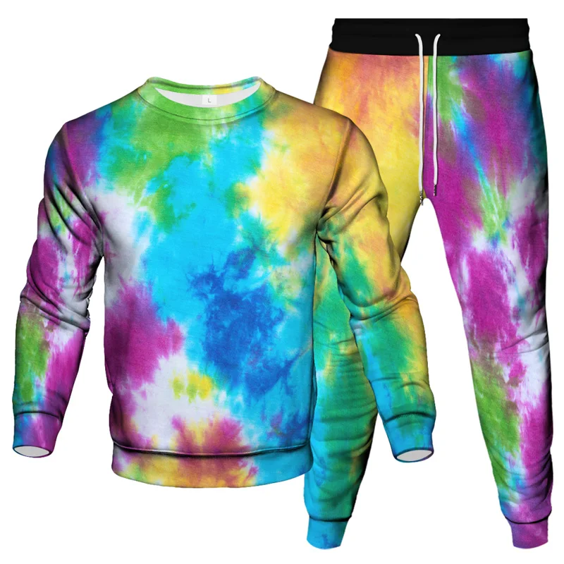 New Spring Autumn Men Colorful Vortex Tie Dye Clothes Suit Jogging Pant Sweatshirt 2Pcs Set Outdoor Fashion Casual Tracksuit