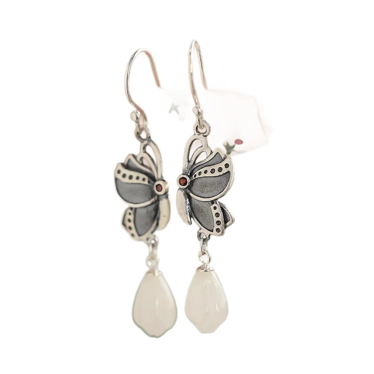 925 Sterling Silver Jewelry Long Tassel Natural Jade Butterfly Drop Earrings for Women Wedding Party Jewelry Girls Friend Gift