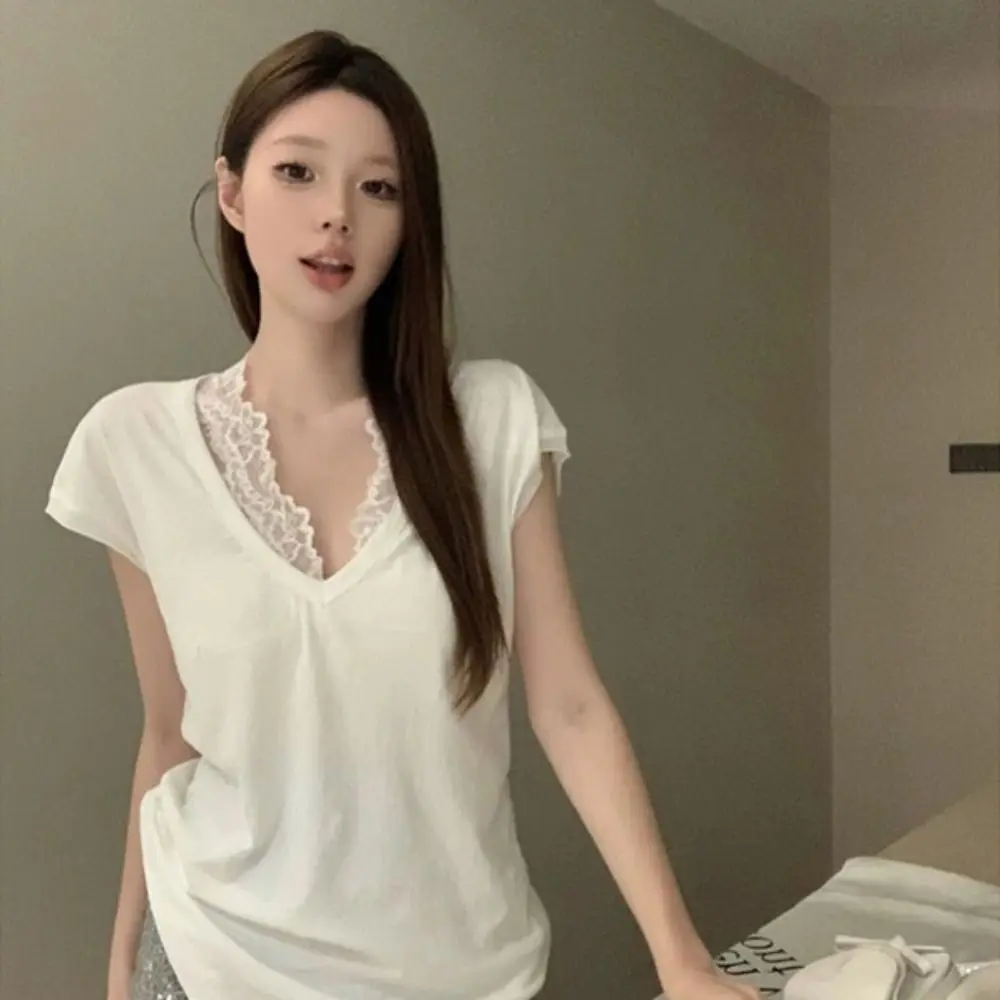 Korean Style V Neck Lace Base Shirt Sleeveless Hollow Out See Through Crop Top Transparent Lace Mesh Vest Inner Wear
