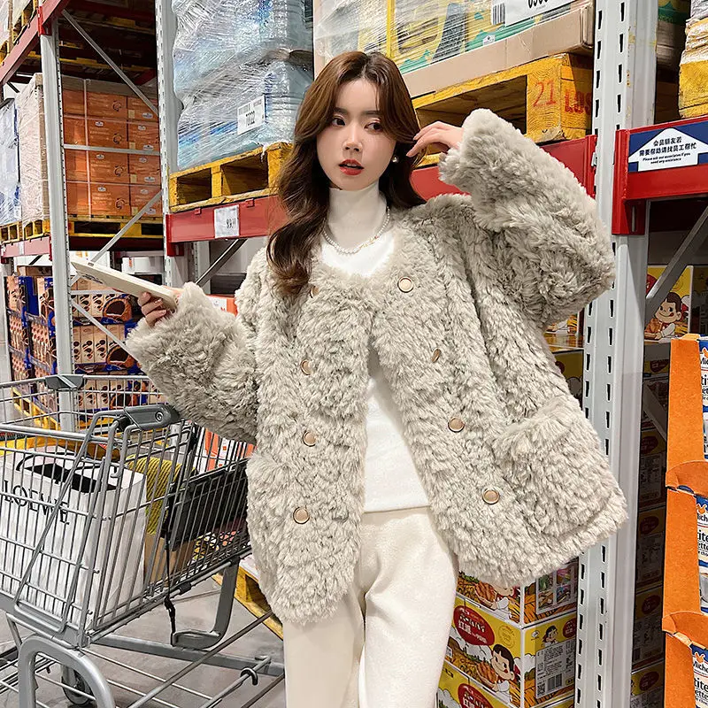 

Women 2023 Winter Fashion Imitation Lamb Fur Warm Coats Female Solid Color Loose Overcoats Ladies Faux Fur Casual Jackets A477