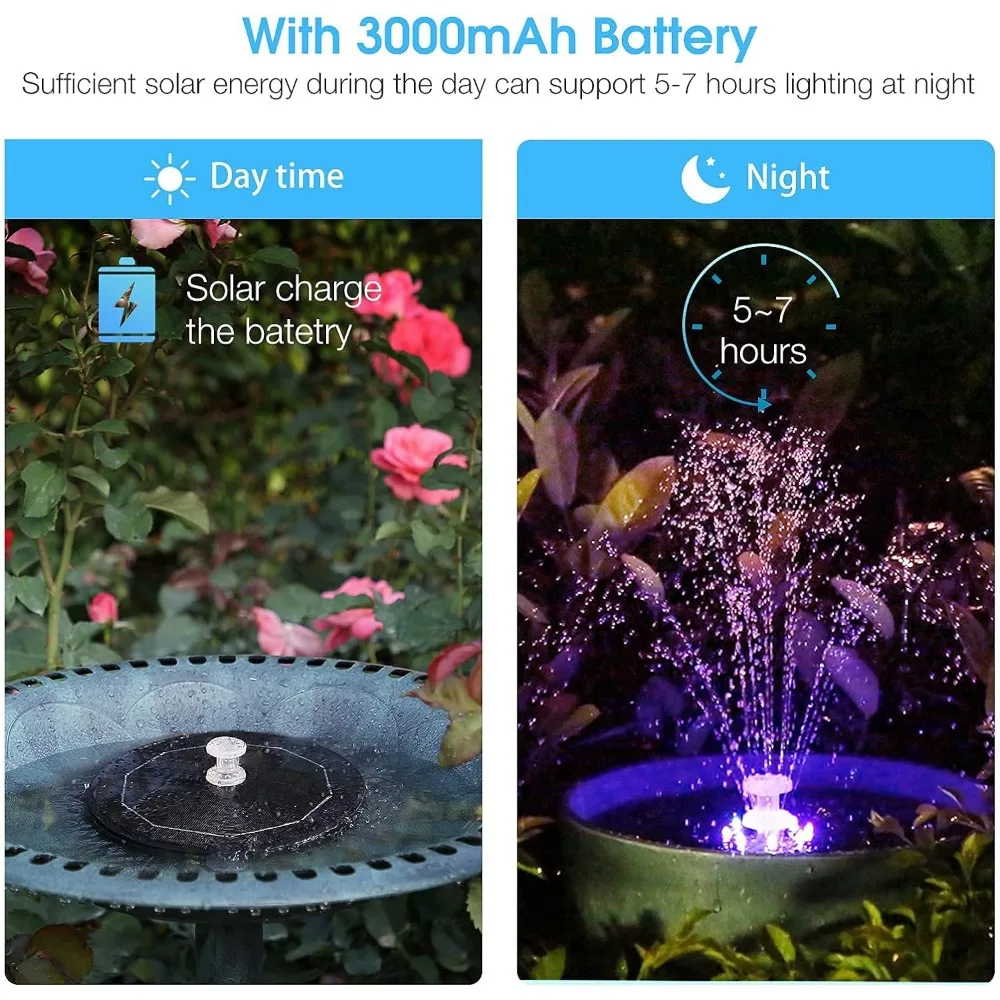 3.5W Solar Fountain with 8 LED Lights for Bird Bath Fountain Pump, Dual Nozzle Flower Shaped Fountain Garden Pond Decoration