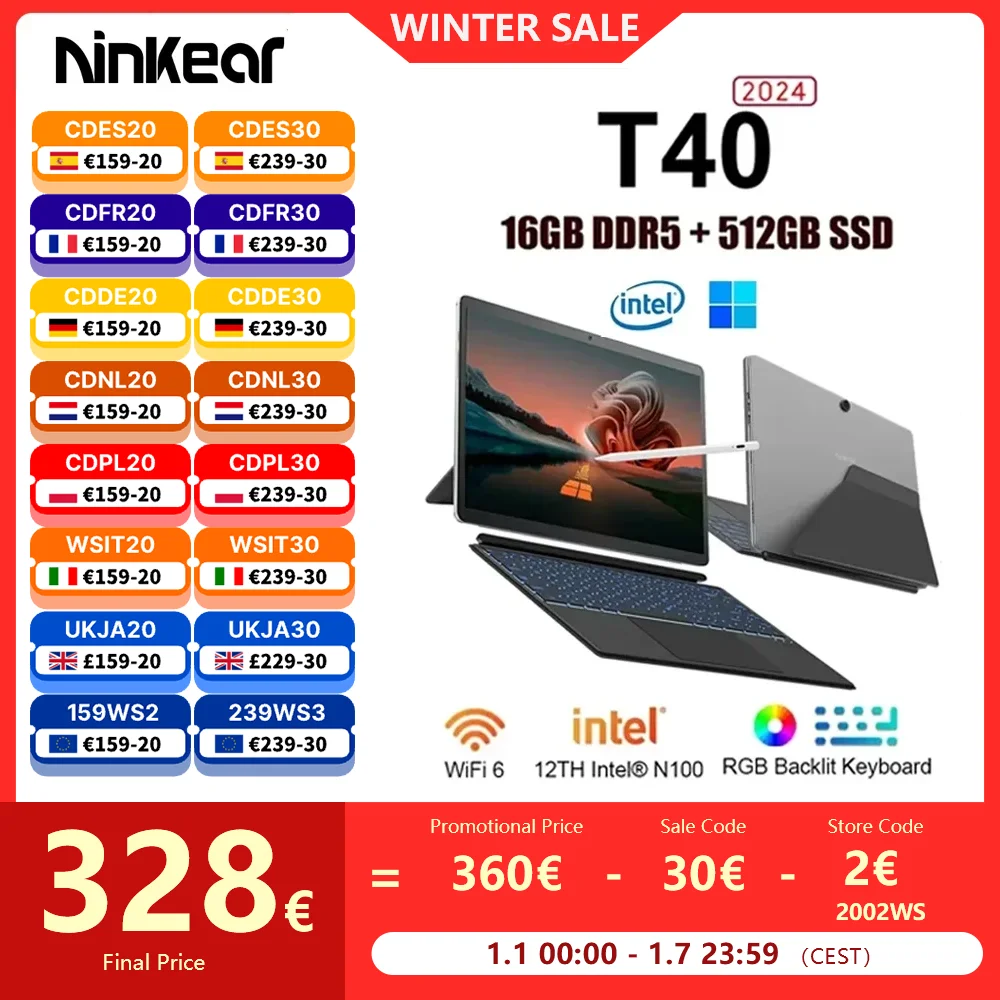 Ninkear T40 Laptop 2 in 1 Touch Screen Tablet Intel N100 14 Inch FHD 16GB DDR5 512GB SSD Computer Notebook Wifi 6 RGB Backlit