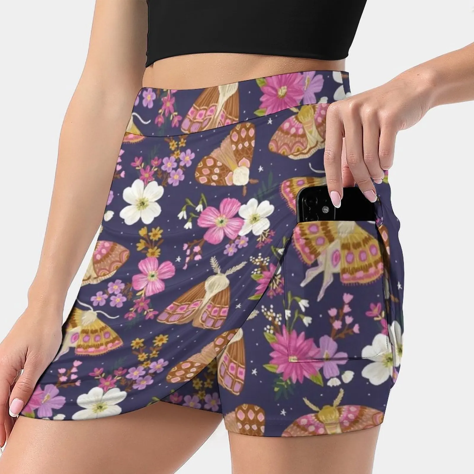 Night Garden Women's skirt Mini Skirts A Line Skirt With Hide Pocket Night Moths Nocturnal Magical Butterflies Gothic Magic