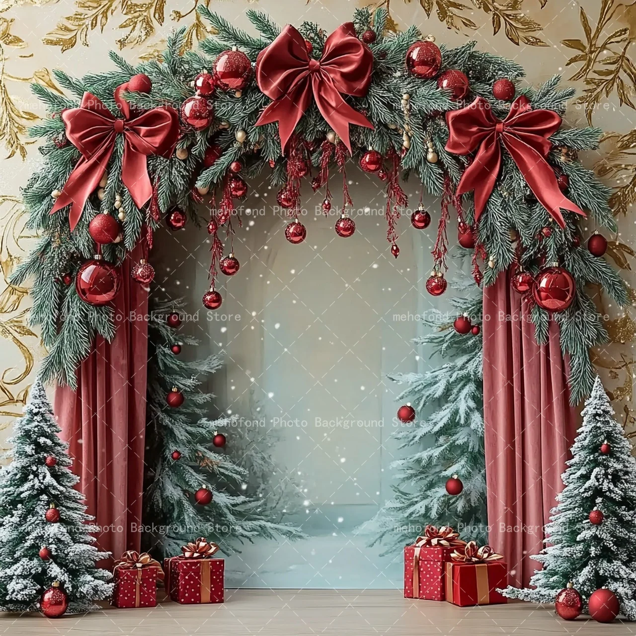 Mehofond Warm Indoor Red Bow Photography Background Xmas Tree Gift Fireplace Kid's Birthday Family Festival Portrait Decoration