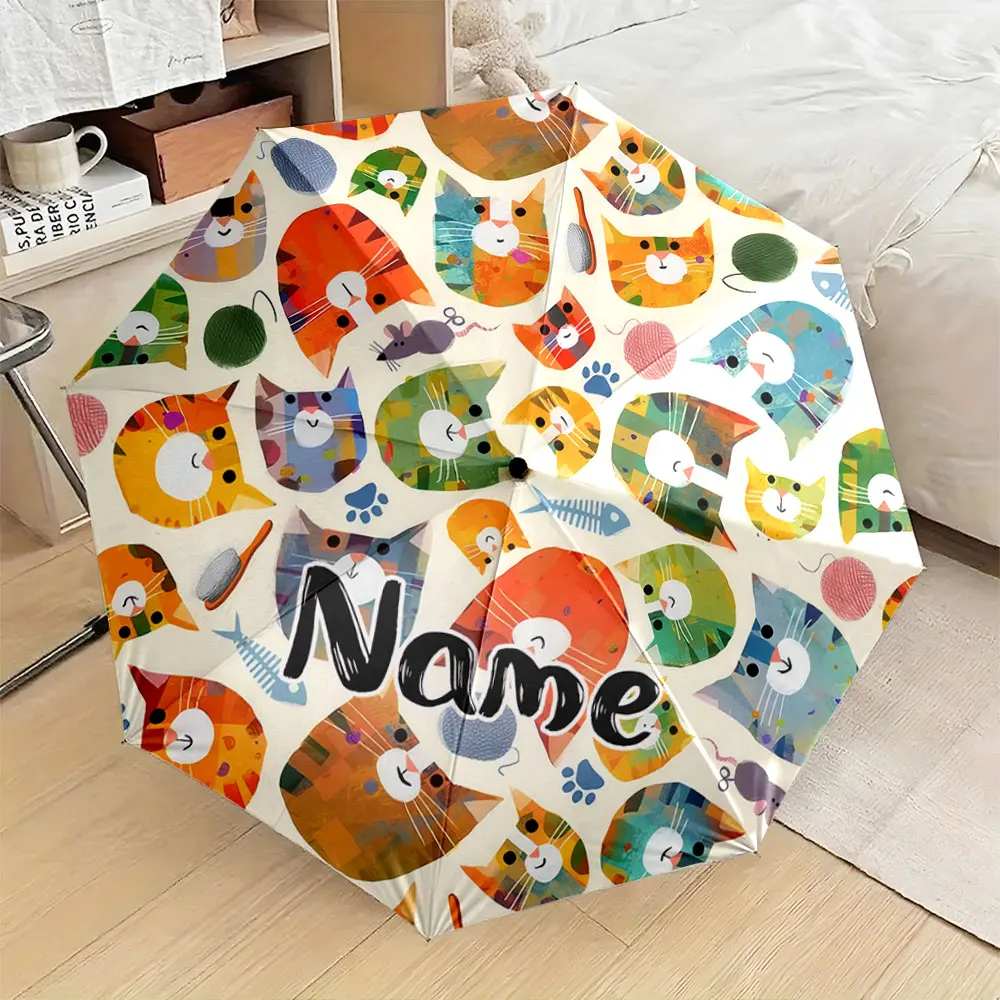 Custom Name Umbrella, Colorful Cat Pattern Umbrella with Yarn and Fish Design Folding Umbrella for Sunny and Rainy,Gift