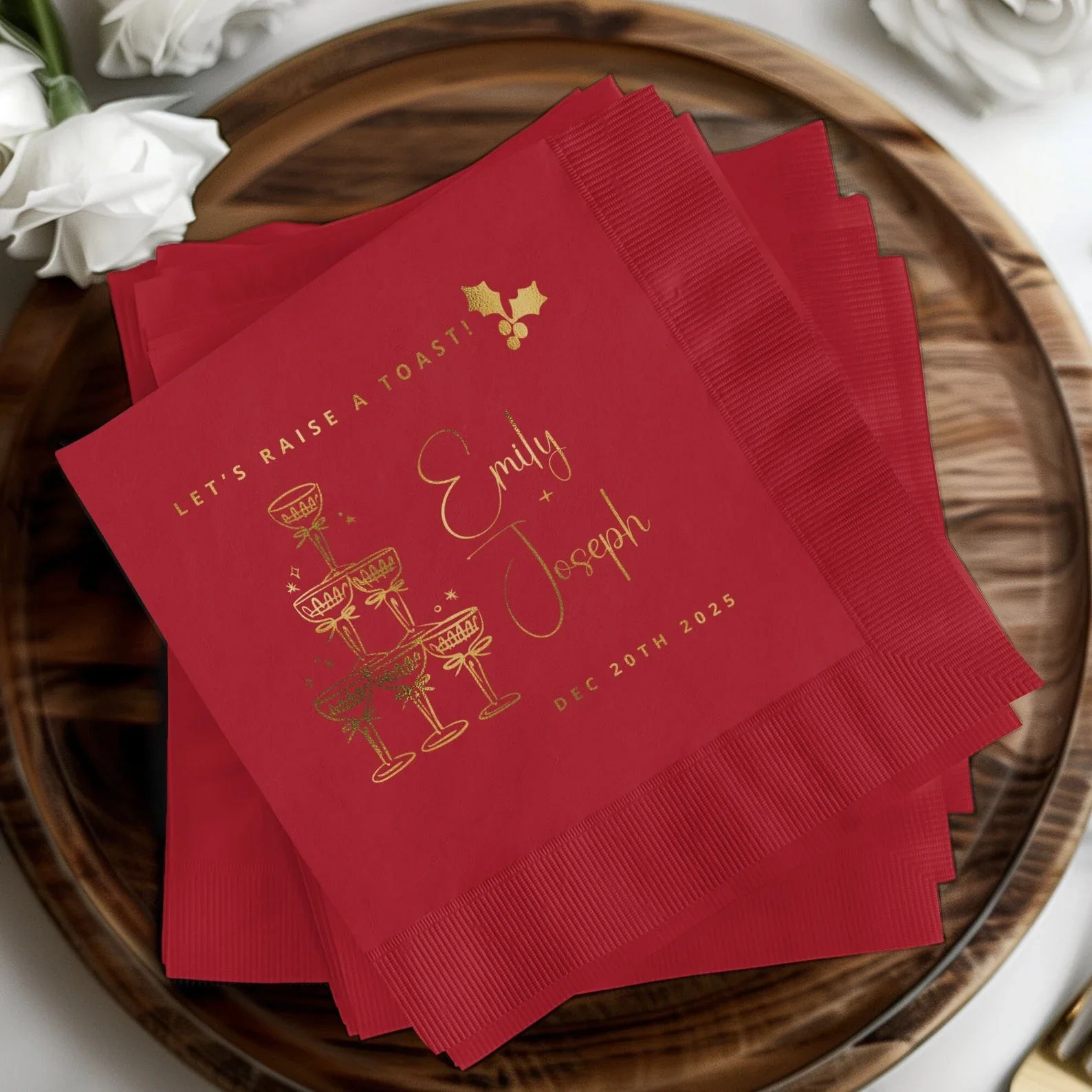 50pcs Personalized Holiday Wedding Cocktail Foil Napkins, Christmas Rehearsal Dinner Foil Cocktail Napkins, Christmas Bridal Bev