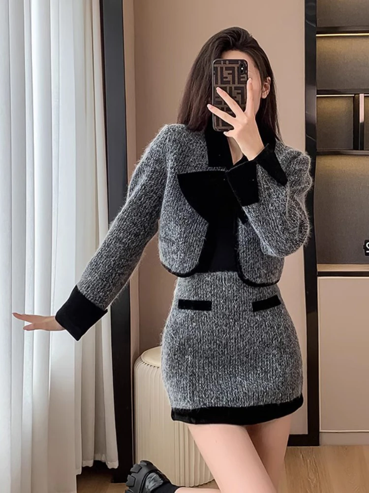 Fashion Commuter Woolen Stitching Suit Women's 2023 Autumn Winter Slim Lapel Bow Long Sleeve Short Coat+Hip Skirt Two-Piece Set