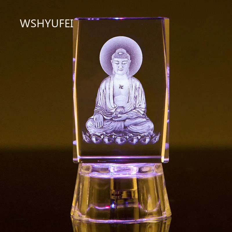 3D Laser Engraved Crystal Ksitigarbha Bodhisattva Statue with 7 Color LED Base Buddhist Figurine Crafts for Home Meditation